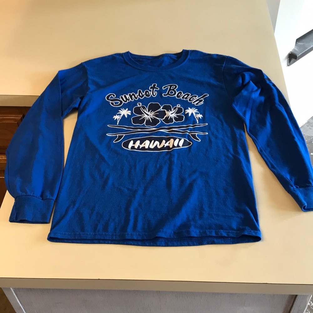 Blue Sunset Beach Hawaii Long Sleeve Shirt w/Hawaii on Left Sleeve-Approx Size S